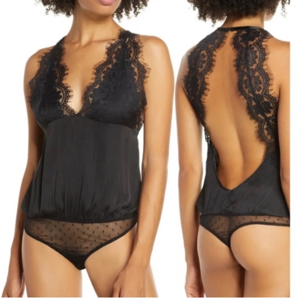 Free People Melrose Black Lace Trim Open Back Bodysuit size; S NWT.